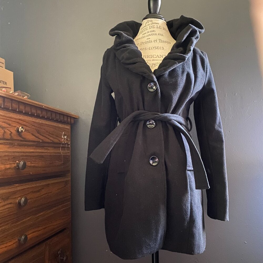 Black Wool Blend Coat with Waist Tie